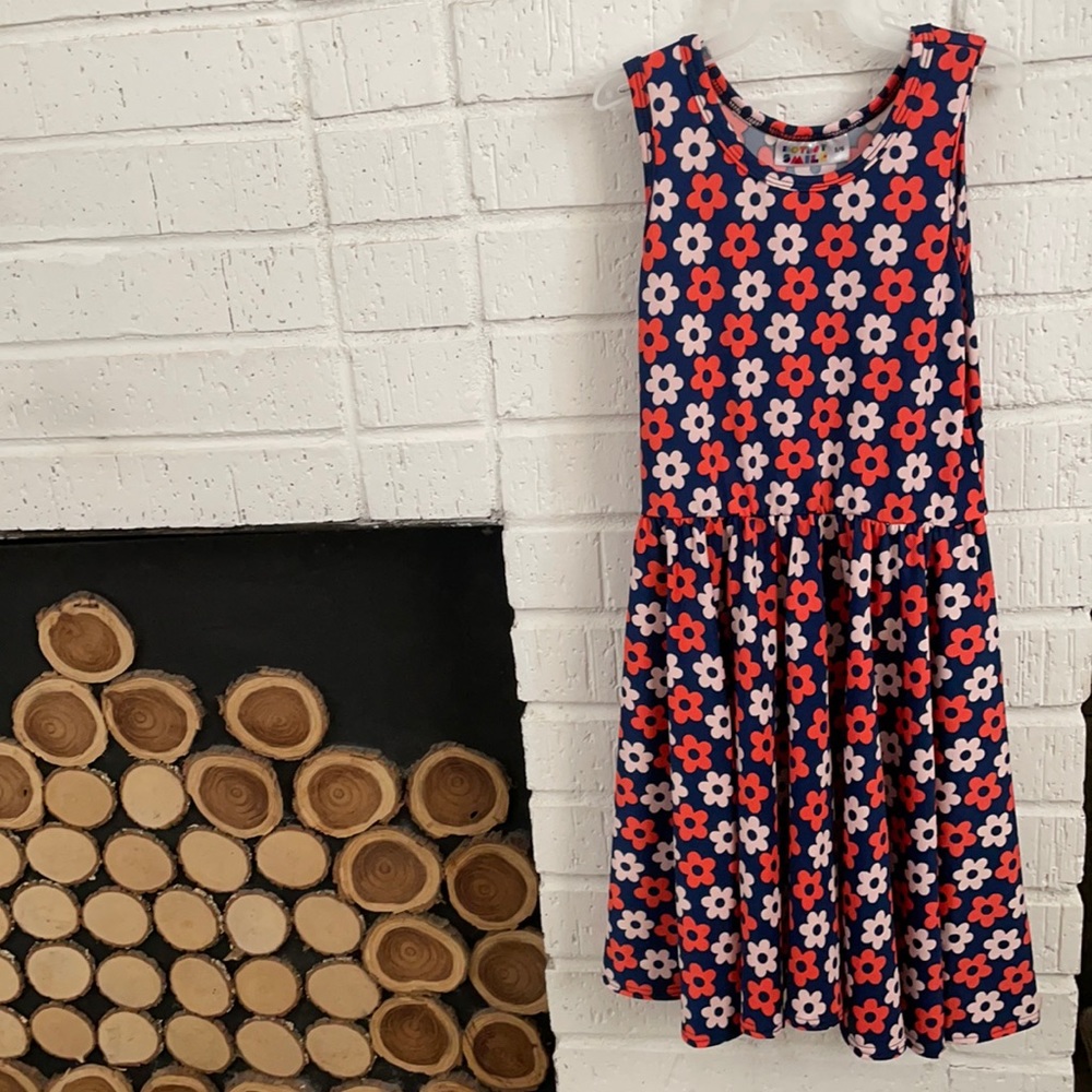 Red, pink and navy floral sleeveless twirl dress